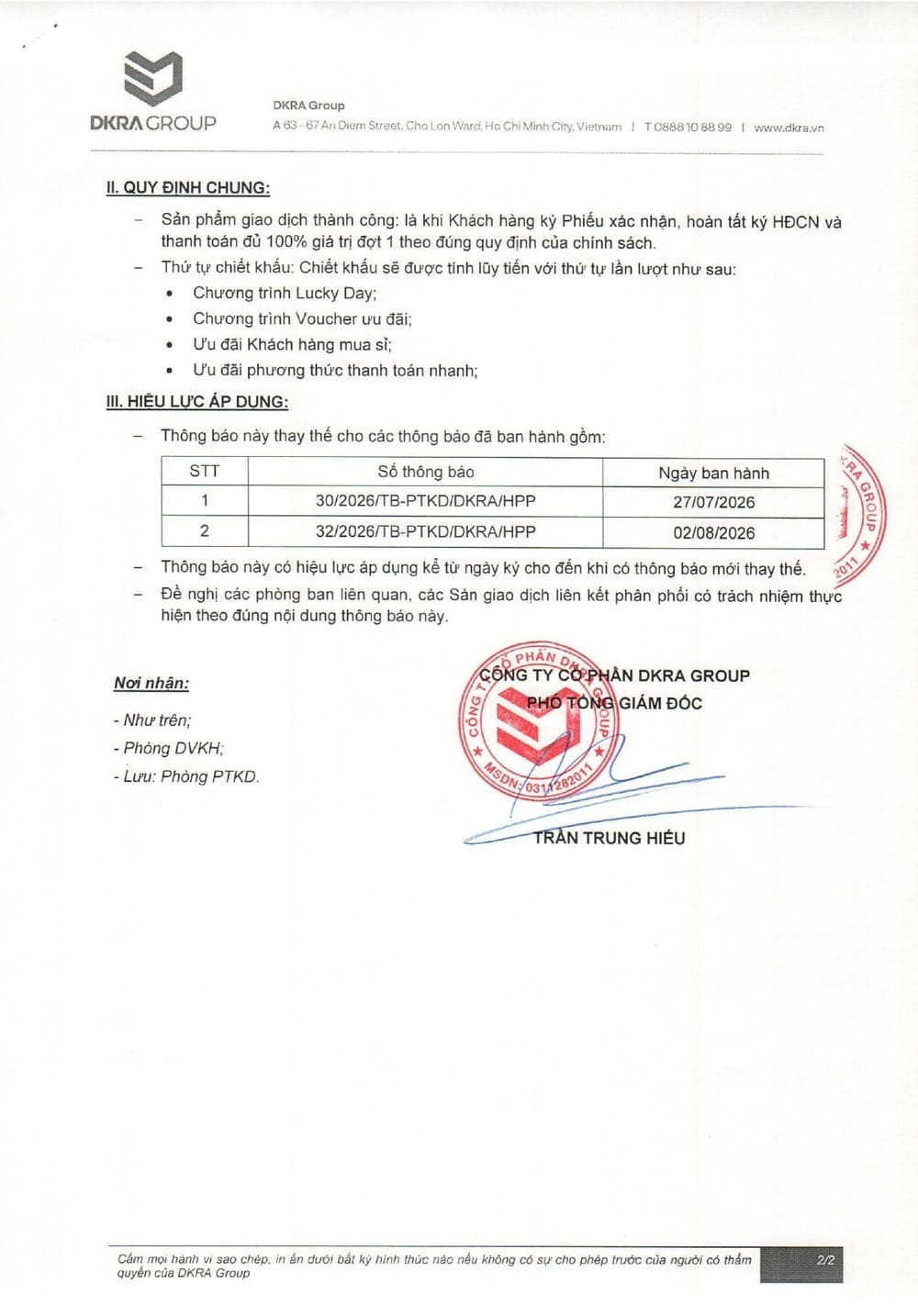 Văn bản thông báo chính sách ưu đãi dự án Hiệp Phước Premia trang 2